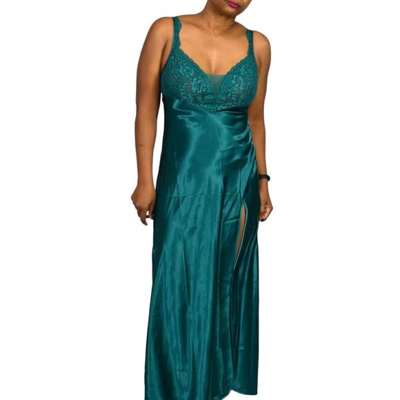 Vintage Victorias Secret Nightgown Green Satin Maxi Slip High Slit Gold Label XS - Picture 10 of 16